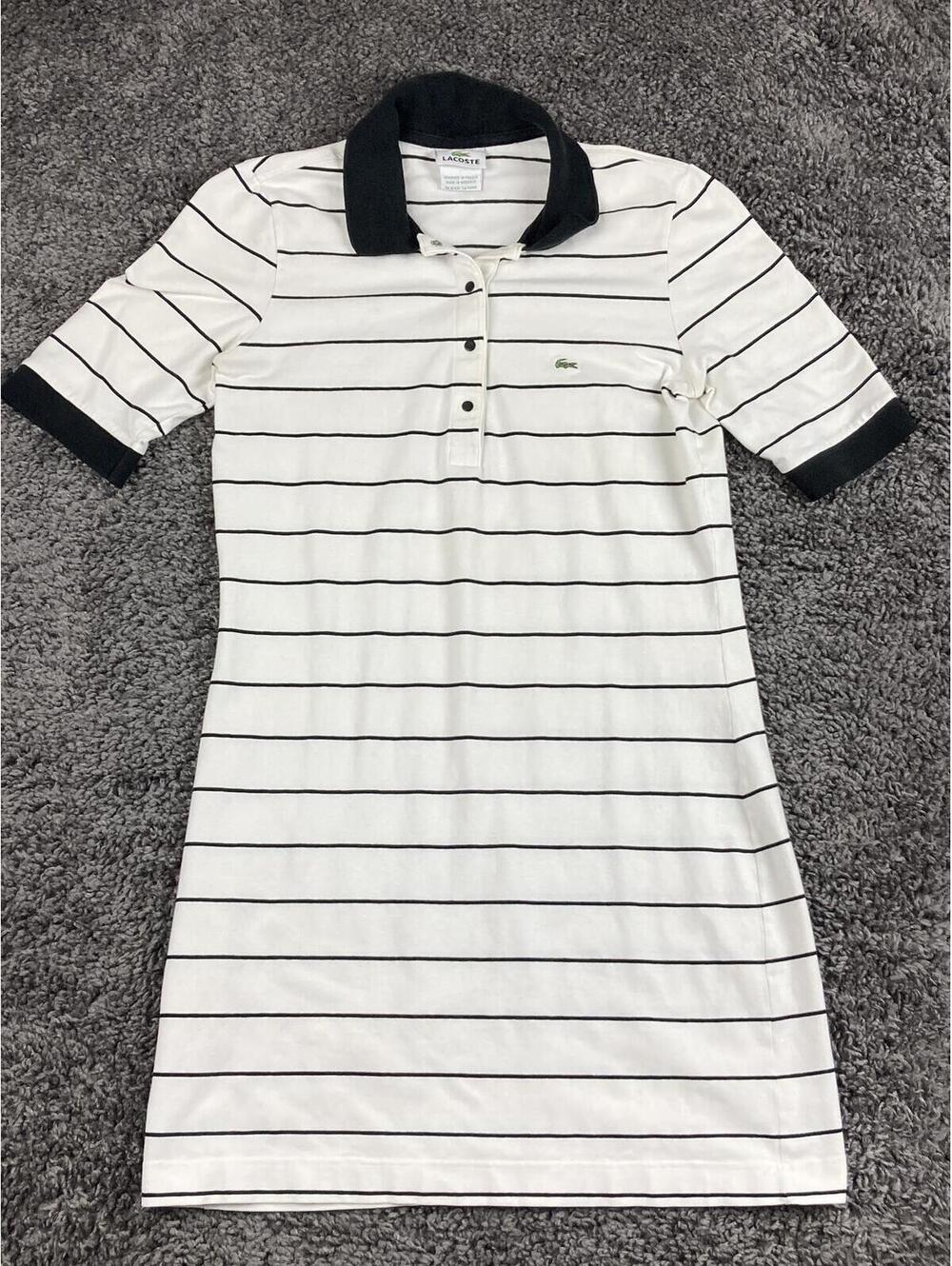 Lacoste Striped Polo Dress Women’s 38 White Black Short Sleeve Cotton Mini Sz 6